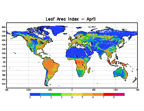 April greenness fractions over the 1/8th-degree NLDAS domain. Values of 40-90% occur over the southeastern 1/3 and extreme western portions of the domain. Values of 0-40% occur over the remainder of the domain.