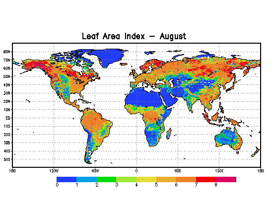 August greenness fractions over the 1/8th-degree NLDAS domain. Values of 60-100% occur over the eastern half, extreme western and extreme southwestern portions of the domain. Values of 0-50% occur over the remainder of the domain.