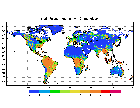 December greenness fractions over the 1/8th-degree NLDAS domain. Values of 30-70% occur over the southeastern third, extreme western and extreme southwestern portions of the domain. Values of 0-30% occur over the remainder of the domain.