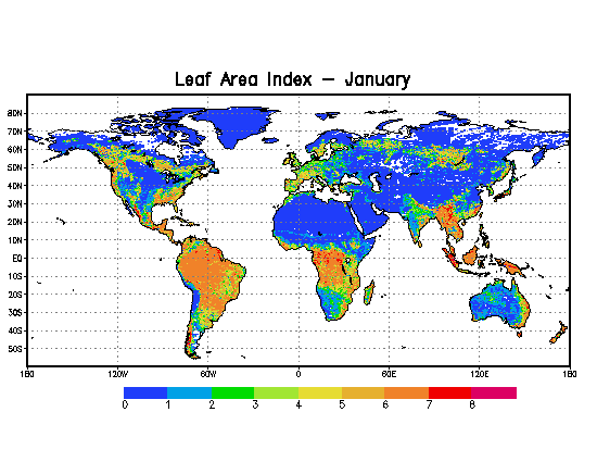 January greenness fractions over the 1/8th-degree NLDAS domain. Values of 0-10% occur over the northern 1/3rd of the domain. Values of 20-50% occur over southeastern regions, and values of 40-80% occur over western areas.