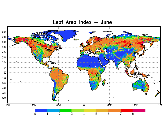 June greenness fractions over the 1/8th-degree NLDAS domain. Values of 60-100% occur over the eastern 1/2 and extreme western portions of the domain. Values of 0-60% occur over the remainder of the domain.