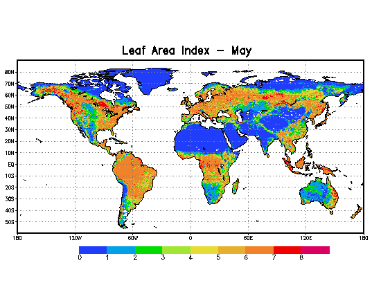 May greenness fractions over the 1/8th-degree NLDAS domain. Values of 60-100% occur over the southeastern 1/3 and extreme western portions of the domain. Values of 0-60% occur over the remainder of the domain.