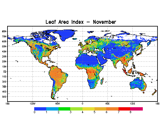 November greenness fractions over the 1/8th-degree NLDAS domain. Values of 40-70% occur over the southeastern 1/3rd, extreme western and extreme southwestern portions of the domain. Values of 0-40% occur over the remainder of the domain.