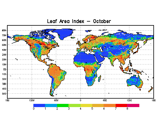 October greenness fractions over the 1/8th-degree NLDAS domain. Values of 40-90% occur over the eastern half, extreme western and extreme southwestern portions of the domain. Values of 0-40% occur over the remainder of the domain.