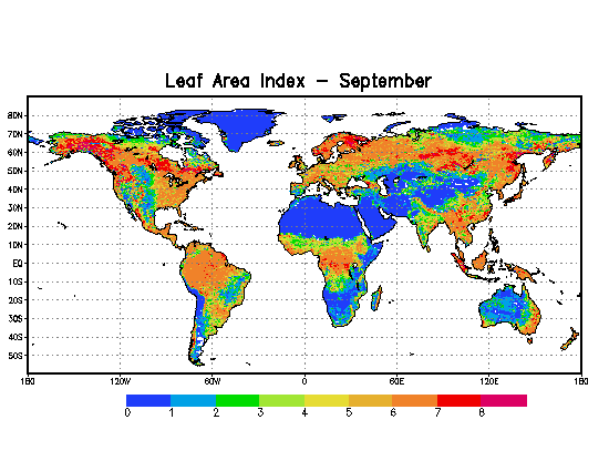 September greenness fractions over the 1/8th-degree NLDAS domain. Values of 60-100% occur over the eastern half, extreme western and extreme southwestern portions of the domain. Values of 0-50% occur over the remainder of the domain.