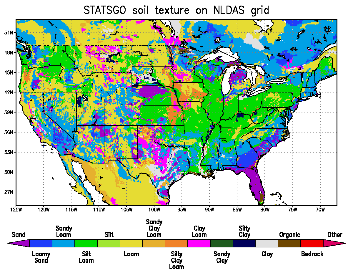 First most predominant soil texture classes over 1/8th-degree NLDAS domain. Classes 1 to 7 are most common over the domain, with classes 8 and higher sometimes located over the central areas.