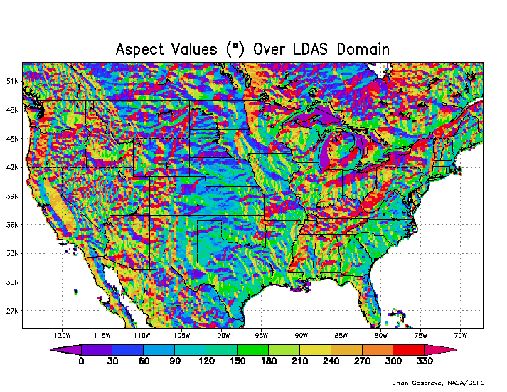 Aspect (degrees) over 1/8th-degree NLDAS domain. Values range from 0 to 360 degrees.