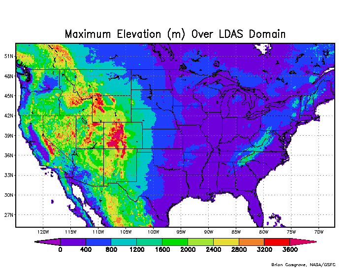 Maximum elevation (meters) over 1/8th-degree NLDAS domain. Values are greater than 3600 meters over portions of the Rocky Mountains.