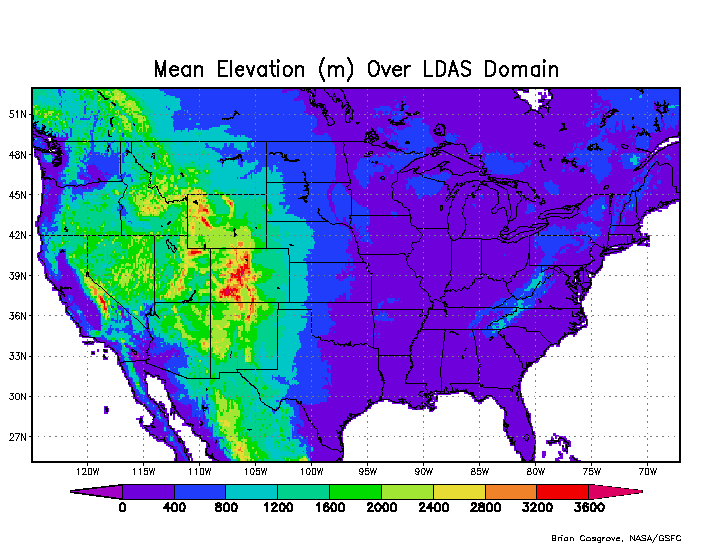 Mean elevation (meters) over 1/8th-degree NLDAS domain. Values range up to 3600 meters over portions of the Rocky Mountains.