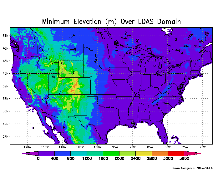 Minimum elevation (meters) over 1/8th-degree NLDAS domain. Values range up to 3200 meters over portions of the Rocky Mountains.