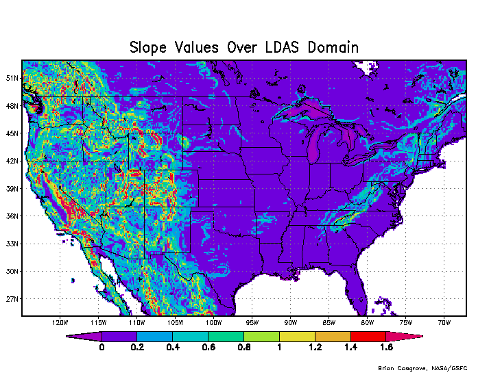 Slope (degrees) over 1/8th-degree NLDAS domain. Values range up to ~4 meters over portions of the western U.S.