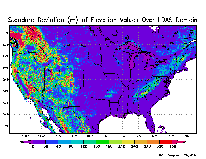 Standard deviation (meters) over 1/8th-degree NLDAS domain. Values range up to 330 meters over portions of the Rocky Mountains.